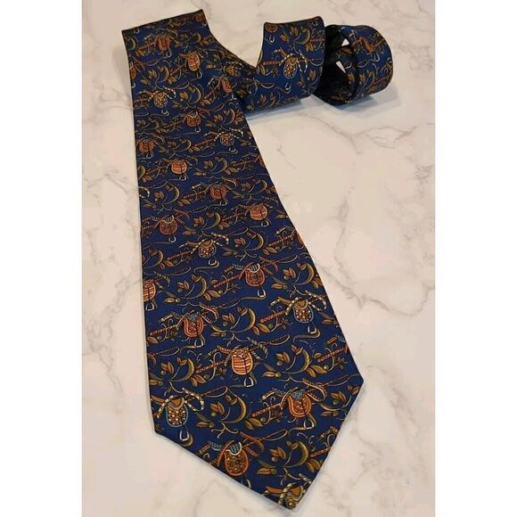 Salvatore Ferragamo Silk Tie Dark Blue Equestrian Ornate Saddles & Crops Novelty - Picture 1 of 5